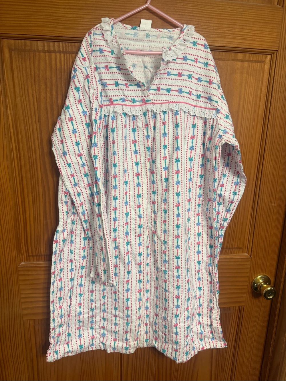 Vintage flannel granny gown Stripe Nightgown with Pink & Teal Accents
